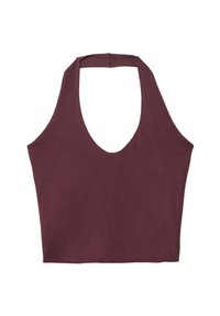 Mauve ilmanhihaine paita, jossa on syvä V-pääntie ja istuva muoto, valmistettu pehmeästä puuvillakankaasta, jossa on sileä pinta ja minimalistinen muotoilu.