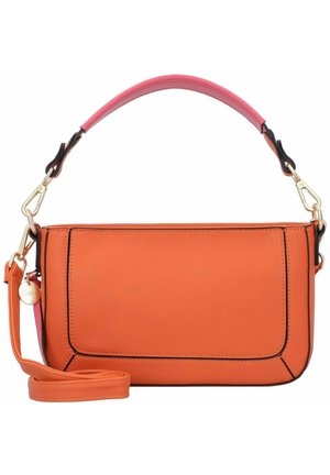 Petit sac à main rectangulaire en cuir orange avec poignée rose et bandoulière amovible, orné de ferrures couleur or et de détails de couture.