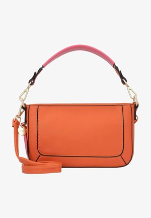 Petit sac à main rectangulaire en cuir orange avec poignée rose et bandoulière amovible, orné de ferrures couleur or et de détails de couture.