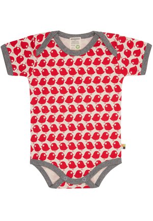 Rode baby rompertje met korte mouwen, versierd met een herhalend patroon van kleine vogels op een crèmekleurige achtergrond, met grijze contrasterende afwerking en drukknoopsluiting.