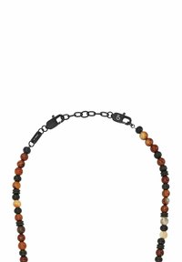 Perlenkette mit einer Mischung aus braunen, schwarzen und cremefarbenen Steinen, mit einer schwarzen Kette und einem Verschluss zum Befestigen.