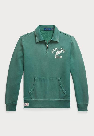 Green pullover sweatshirt with a quarter zip, kangaroo pocket, ribbed cuffs, and "ATHL.DIV. 67 POLO" printed in white on the chest.
