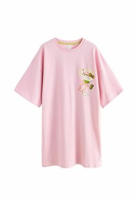 Pink oversized t-shirt made of cotton, featuring short sleeves and a graphic print of a drink with the text "ENJOY" in yellow.