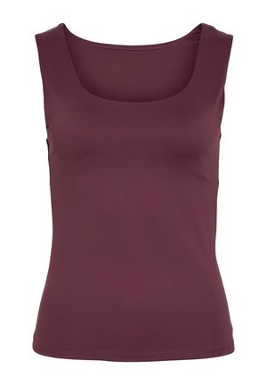 Sleeveless women's top in dark burgundy with a square neckline and fitted silhouette against a white background.