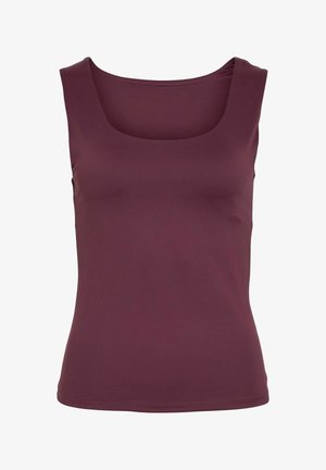 Tumšs burgundijas krāsas bez piedurknēm sieviešu tops ar kvadrātu formu apkakli un pieguļošu siluetu uz balta fona.