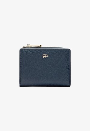 Granatowy skórzany portfel o fakturowanej powierzchni, prostokątnym kształcie, złotym zamku błyskawicznym oraz subtelnym tłoczonym logo na przodzie.