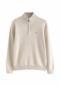 Suéter beige claro con cuello alto y media cremallera, con puños y dobladillo de canalé, hecho de un material de punto suave, con un pequeño detalle de logo.