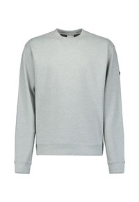 Lichtgrijze sweatshirt met ronde hals, lange mouwen, ribgebreide manchetten en een rechte zoom. Heeft een subtiele textuur en geen zichtbare patronen.