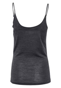 Sort ærmeløs tanktop med tynde stropper, lavet af blødt stof, med rund halsudskæring og en glat tekstur, let tætsiddende design.