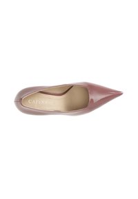 Scarpa con tacco alto a punta in vernice mauve lucida, con un taglio basso e interno beige con il logo 'Café Noir' impresso.