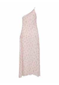 Light pink floral dress with one shoulder strap, made from sheer fabric, featuring small rose patterns and a flowing silhouette.