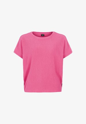 Koszulka z krótkim rękawem, okrągłym dekoltem, wykonana z teksturowanej różowej tkaniny, o luźnym kroju i małej metce z logo po boku.