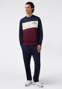 Giovane uomo in piedi che indossa una felpa Champion blu navy, bianca e bordeaux, con pantaloni della tuta blu navy e sneakers bianche.