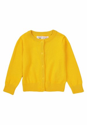Lysegul babycardigan med lange ærmer, rund halsudskæring og knaplukning foran.