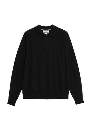 Schwarzer langärmeliger Polo-Pullover aus glattem Stoff, mit einem knopfbaren Kragen und gerippten Bündchen und Saum. Einfaches, klassisches Design.
