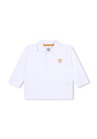 Witte poloshirt met een drukknoopsluiting, lange mouwen en een klein oranje boompje logo op de linker borst. Gladde, katoenachtige textuur.