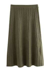 Olive green knitted skirt with a textured ribbed pattern, featuring a waistband. Flared cut with smooth edges at the hem.