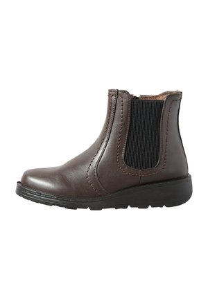 Bottine en cuir brun avec des panneaux élastiques sur les côtés, des détails cousus et une semelle en caoutchouc texturé. Convient pour un usage décontracté.