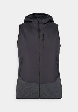 Sleeveless vest in dark gray with a hood, featuring a zippered front, two side pockets, and a textured lower panel. Lightweight fabric.