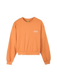 Sweat-shirt en coton orange à manches longues, coupe cropped, et ourlet élastique. Présente un logo "OXBOW" blanc imprimé sur le devant.