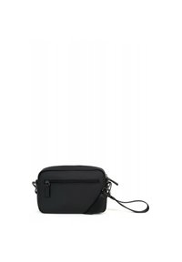 Borsa a tracolla nera realizzata in tessuto testurizzato, dotata di un ampio scomparto con zip, tasca frontale con zip e tracolla regolabile.