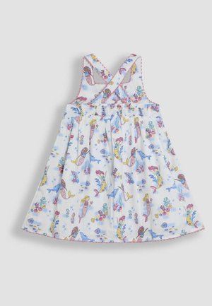 Vestido blanco sin mangas con un cuerpo fruncido, que presenta un estampado de sirenas y temática submarina en colores pastel. Rematado con detalles en color rosa.