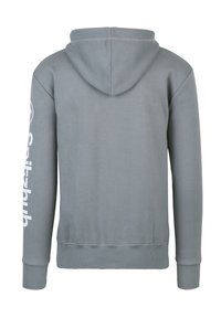 Felpa grigia con cappuccio, caratterizzata da maniche lunghe, polsini a costine e un logo stampato in bianco sulla manica sinistra. Tessuto morbido.