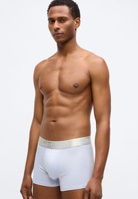 Svijetloplave pamučne gaćice na gumicu s mekim, elastičnim srebrnim pojasom na kojem je u bijeloj boji logo Calvin Klein. Glatka tekstura, prilagođeni dizajn.