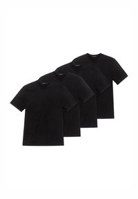 Magliette a maniche corte in cotone di colore nero con scollo a V, confezionate in un pacco da quattro. Hanno un design semplice senza fantasie o loghi.
