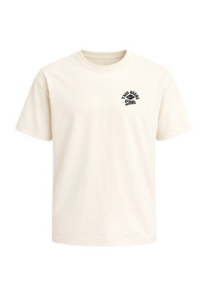 Off-white short-sleeve T-shirt with round neck and small black text "Two Beers Only Club" on the left chest.