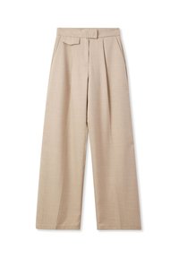 Pantaloni beige a gamba larga realizzati in tessuto leggero, con fronte piatto, pieghe e due tasche laterali, per una finitura pulita e sartoriale.