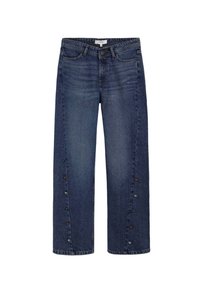 Vaqueros de mezclilla azul de pierna ancha con cintura alta, que presentan detalles de botones coloridos a lo largo de la costura exterior. Tejido texturizado con un ligero descolorido.