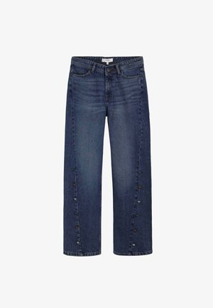Vaqueros de mezclilla azul de pierna ancha con cintura alta, que presentan detalles de botones coloridos a lo largo de la costura exterior. Tejido texturizado con un ligero descolorido.