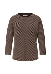 Brązowo-kremowa, paskowana bluzka z długim rękawem, okrągłym dekoltem i luźnym krojem, z diagonalnymi wzorami i ściągaczami na rękawach. Widoczna metka marki.