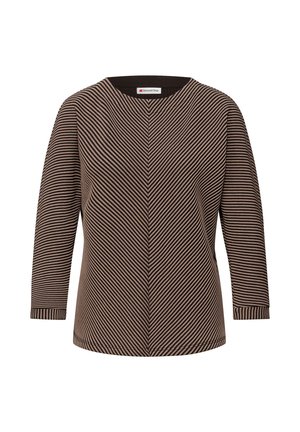 Braun-creme gestreiftes Langarmshirt mit rundem Halsausschnitt und lässiger Passform, mit diagonalen Mustern und gerippten Bündchen. Markenetikett sichtbar.