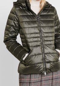 Donkergroene pufferjack met horizontale gewatteerde secties, ritssluiting en capuchon. Voorzien van zijzakken en glanzende, gladde textuur.