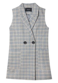 Blazer sin mangas a cuadros grises con diseño cruzado, solapas con muesca, dos bolsillos delanteros y botones negros para cierre.