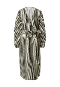 Schwarz- und cremefarbiges Wickelkleid mit langen Ärmeln, V-Ausschnitt und geometrischem Muster. Verfügt über eine seitliche Schleife und ein knielanges Design.