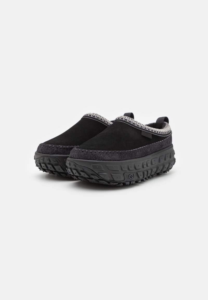 Schwarze Wildleder-Slipper mit einer strukturierten Sohle, die ein kreisförmiges Design an der Außensohle und eine dekorative Naht entlang des Kragens aufweisen.