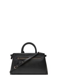 Borsa a mano in pelle nera con manico arrotondato, tasca con zip frontale e tracolla regolabile su sfondo bianco.