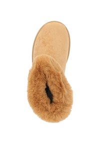 Tan suède laar met een fluffy nepbont kraag. De binnenkant is gevoerd met een zacht materiaal, wat warmte biedt. Rond afgewerkt te ontwerp en vlakke zool.