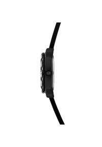 Schwarze Sportuhr mit rundem Gehäuse, digitalem Display und Silikonarmband. Verfügt über eine strukturierten Lünette, sichtbare Tasten und eine klare Linse.