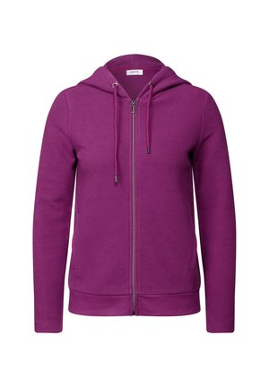 Fuchsia zip-up hoodie made of textured fabric, featuring a drawstring hood, silver hardware, and two side pockets.