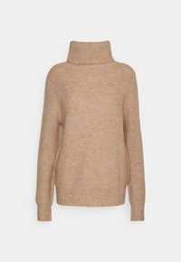 Beige Rollkragensweater aus geripptem Strickstoff, mit hohem Kragen, langen Ärmeln und minimalen Details für ein schlichtes, klares Design.