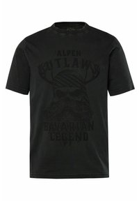 Sort bomulds t-shirt med korte ærmer og rund halsudskæring. Har et trykt grafik af et kranium med gevirer og teksten "ALPEN OUTLAWS BAVARIAN LEGEND."