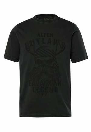 Zwarte katoenen t-shirt met korte mouwen en een ronde hals. Heeft een geprinte afbeelding van een schedel met horen en de tekst "ALPEN OUTLAWS BAVARIAAN LEGEND."