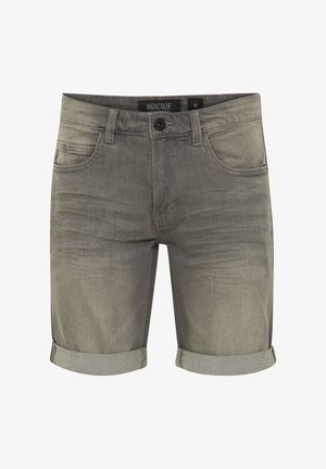 Pantaloni shorts in denim grigio con orli risvoltati, dotati di chiusura a bottone, cinque tasche e leggera sbiaditura, realizzati in un tessuto elastico.