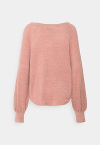 Maglione rosa over-size in maglia con scollo rotondo, maniche a palloncino e una texture morbida. La vista posteriore mostra i dettagli delle cuciture sulle spalle.