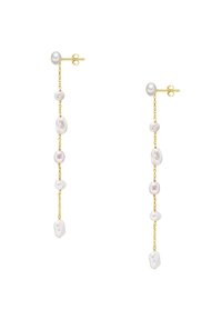 Orecchini color oro con perle di forme varie su una delicata catena. Le perle sono per lo più bianche con alcune accentuazioni rosa.