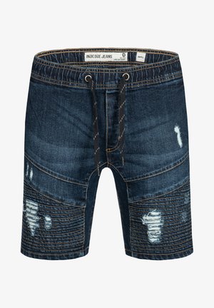 Dunkelblaue Denim-Shorts mit elastischem Bund und Kordelzug, mit ausgefransten Details und strukturierten Mustern. Verfügen über Kontrastnähten und verschiedene Panel-Designs.